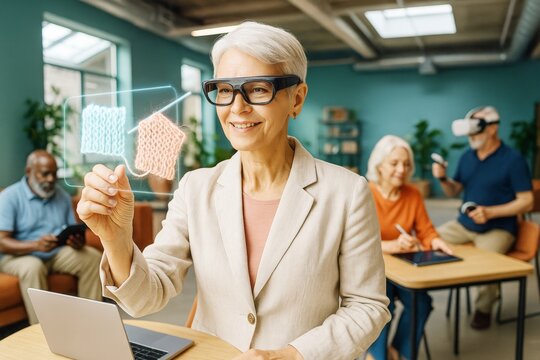 Elderly woman using augmented reality glasses to interact with virtual knitting patterns in a tech classroom setting with senior peers in background. Ai generative