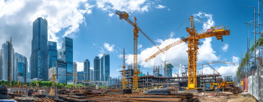 The construction site with cranes and urban skyline in a vibrant city. - Powered by Adobe