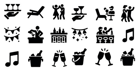 Romantic date night solid icons set &ndash; filled, silhouette, love and celebration symbols