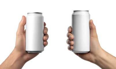 Hand holding a blank white aluminum can mockup on transparent background, cutout.
