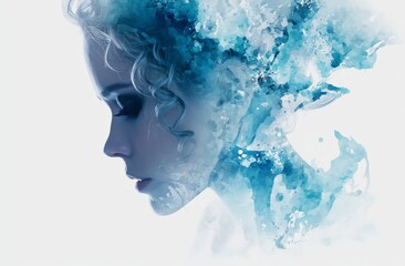 The profile of a woman is presented in an artistic style with blue tones, where her hair flows in wave-like motions, much like the soft, blended edges found in watercolor or digital paintings,