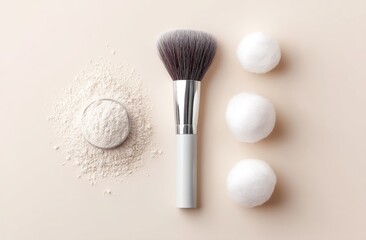 A small green leaf, brush, cotton pads, and makeup powder compact are neatly arranged on a beige surface to convey the concept of beauty and cosmetics