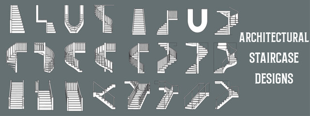 Architectural Staircase Designs Collection with Minimalist Line Art Illustrations of Indoor and Outdoor Stairs for CAD, Interior, and Exterior Design Projects