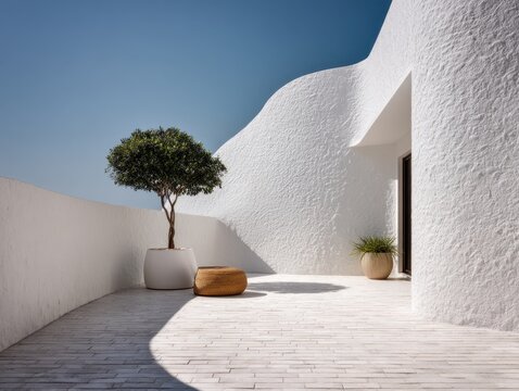 A white building with a white roof and a white wall. A tree is in front of the building
