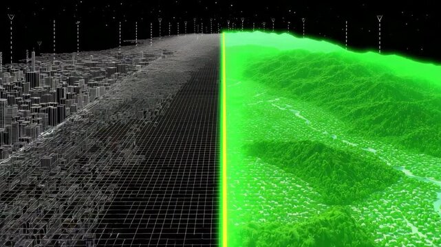 Computer-generated of a city and a mountain, mountain being green. grayscale city grid on left, lush solar city on right, center line chart tipping toward green, sustainable energy stocks
