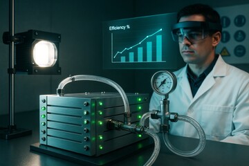 Scientist analyzing hydrogen fuel cell efficiency with futuristic interface and lab equipment under artificial light in high-tech laboratory room. Ai generative