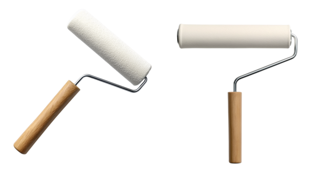 Paint roller with wooden handle on transparent background, cut out