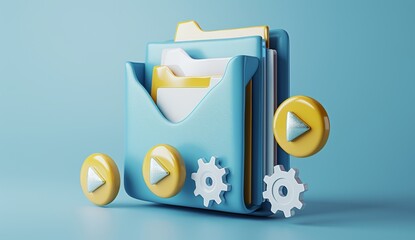 3D icon of an open message, email blue textured folder with white pages and gear wheels on the side, holding video play buttons in yellow color on a light-blue background. Logo internet file share