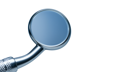 Dental mirror close up shot showing reflection and medical examination tool details for dentists isolated on black background