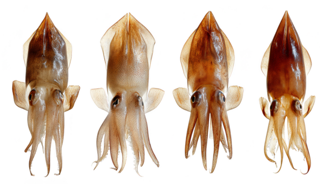 Four fresh, raw squids of varying sizes and brown-to-translucent coloration, showcasing their distinct mantle shapes and tentacles, isolated on a white background.