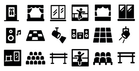 Theater and performance icons set – solid, filled, stage and auditorium symbols