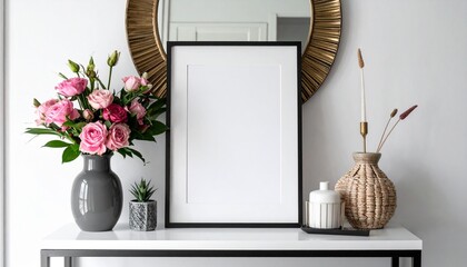 Elegant Entryway Frame Mockup with Stylish Console Table, Mirror, and Flowers for Interior Decor and Home Design Inspiration