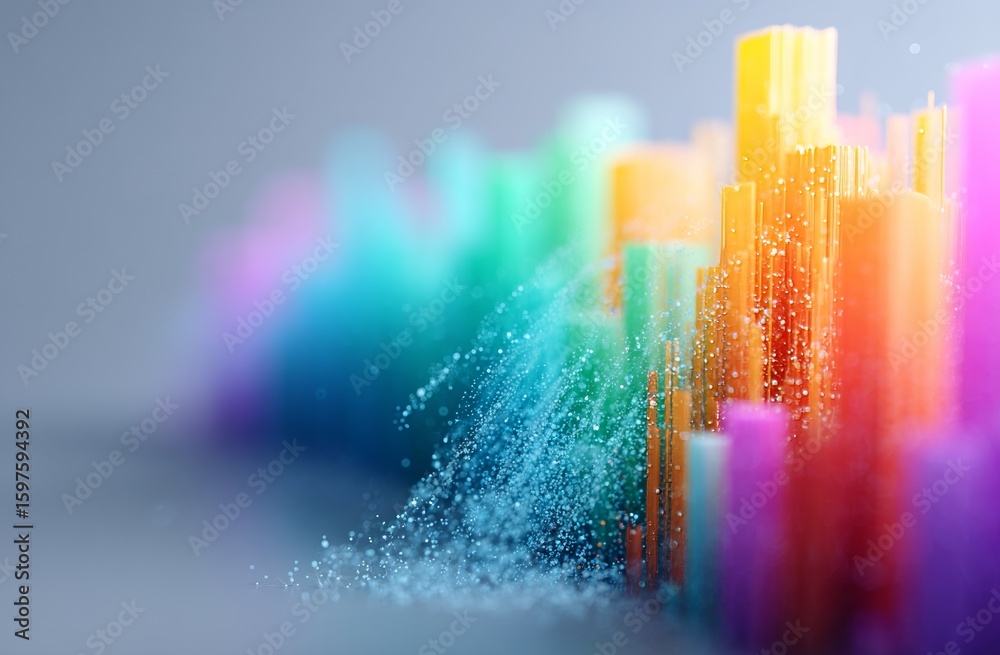 Fototapete d rendered towers rise from dynamic liquid waves, surrounded by a vibrant and colorful array of abst