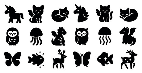 Obraz premium Fantasy and animal silhouette icons set – solid, filled, mythical and creature symbols