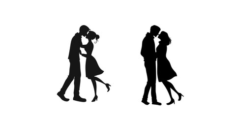 Silhouette of a set couple standing close together, man and woman embracing, minimal black shadow style on white background.