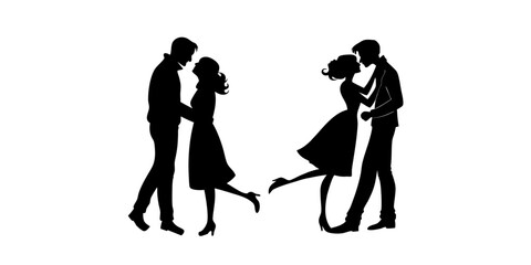 Silhouette of a couple standing close together, man and woman embracing, minimal black shadow style on white background.