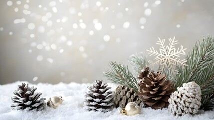 Snowy winter scene with pine cones and ornaments.