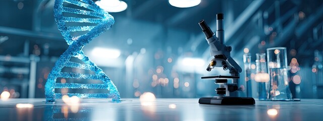 DNA model and microscope in a laboratory setting