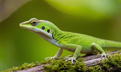 Naklejka premium Captivating close-up of a vibrant green lizard perched on a mossy branch