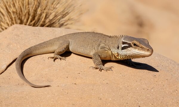 Elegant sailfin lizard basking in the sun on the sandy rock habitat