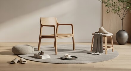 A heartwarming moment showing interior, design, minimalist in a realistic setting, highlighting interior, design, minimalist, modern, wooden, chair elements.