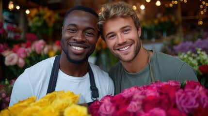 Two florists smiling in a shop filled with colorful vibrant flowers