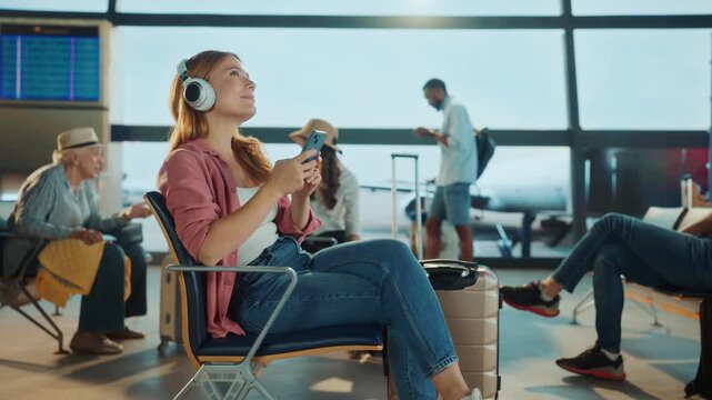 A woman listens to music while waiting at the airport. Other travelers are visible in the background.