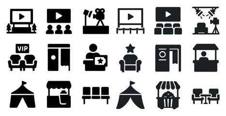 Event and conference filled icons set &ndash; silhouette, solid, meeting, presentation symbols
