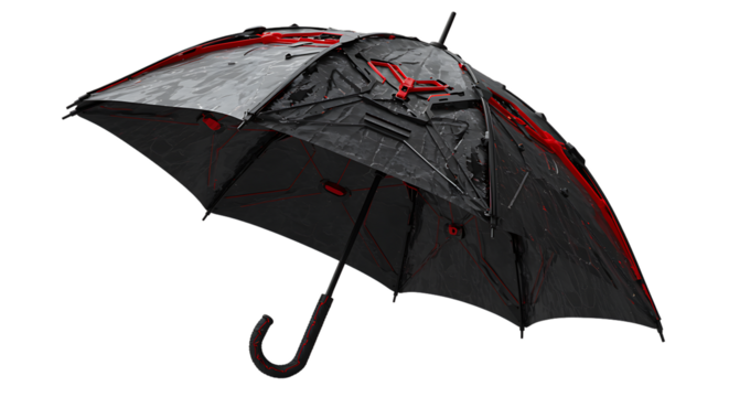 Futuristic Black Umbrella with Red Accents isolated on Black Background Rain Protection Gear Close Up Detailed Design Elements Reflective Water Droplets Stylish Weather Accessory