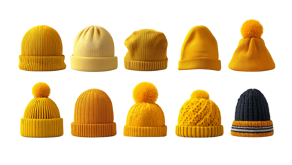 collection of yellow winter hats on transparent background, cutout.