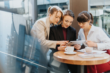 Three women working together on a task in a contemporary cafe environment, displaying teamwork and...