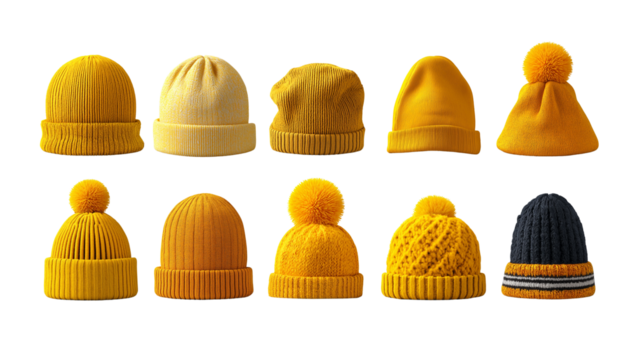 collection of yellow winter hats on transparent background, cutout.