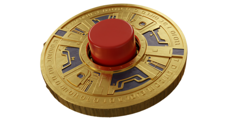 Futuristic golden button with intricate circuit board design and a bright red activation plunger against a dark background