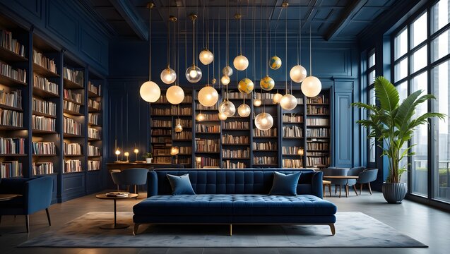 Luxury home library design ideas with blue walls and modern lighting and bookshelves