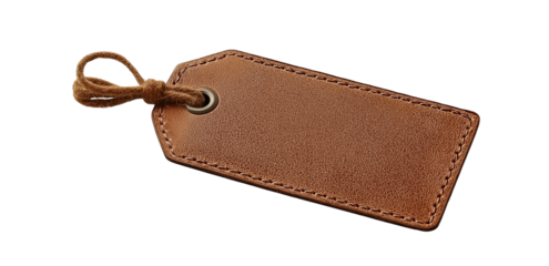 Blank brown leather tag label element on transparent background, cutout.