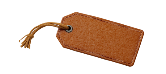 Blank brown leather tag label element on transparent background, cutout.