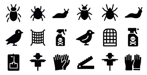 Pest control solid icons set – filled, silhouette, infestation and extermination symbols