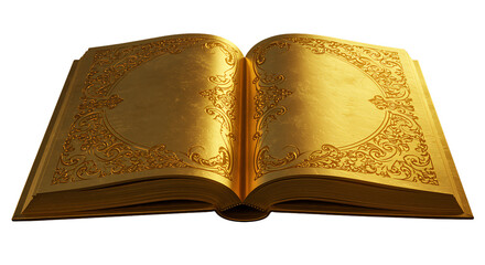 Fototapeta premium Golden open book with ornate design for history writing and creating magical stories filled with wonder on black background