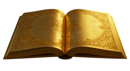 Golden open book with ornate design for history writing and creating magical stories filled with wonder on black background