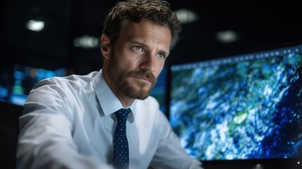 Man analyzing data on a computer screen with a focused expression