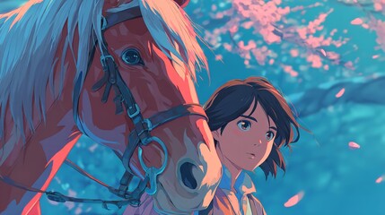 A girl and her horse share a quiet moment of friendship beneath a cherry blossom tree rendered in a soft anime style