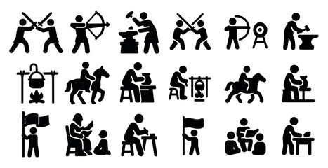 Obraz premium Medieval activities silhouette icons set – knight, archery, historic symbols