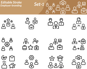 A modern employer-branding icon set featuring stylized human figures, briefcases, handshake symbols, and badges representing trust, teamwork, and company culture to highlight employer identity.