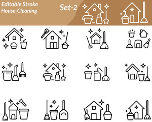 A cheerful cleaning figure holding a mop and spray bottle beside a sparkling house. Represents cleanliness, tidiness, hygiene, home care, and maintenance. Suitable for cleaning services visuals.
