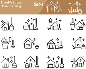 A cheerful cleaning figure holding a mop and spray bottle beside a sparkling house. Represents cleanliness, tidiness, hygiene, home care, and maintenance. Suitable for cleaning services visuals.