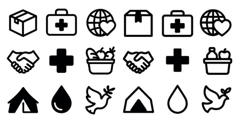 Humanitarian aid icons set – solid, silhouette, relief and support symbols