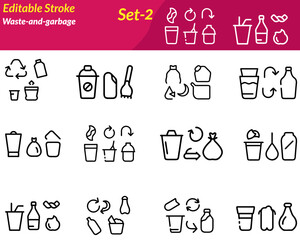 The Waste-and-Garbage icon set represents cleanliness, recycling, and environmental responsibility. It includes icons of trash bins, landfill, sorting, garbage trucks, recycling arrows, and waste