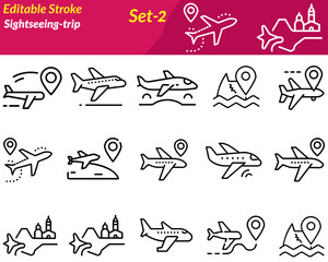 The Sightseeing-Trip icon set captures the essence of exploration and travel. It includes icons of landmarks, cameras, maps, binoculars, tour buses, guides, and scenic views. Perfect for tourism apps.
