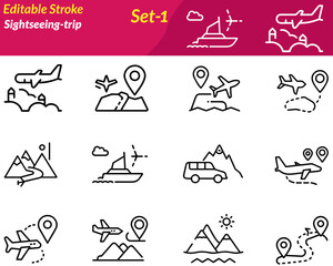 The Sightseeing-Trip icon set captures the essence of exploration and travel. It includes icons of landmarks, cameras, maps, binoculars, tour buses, guides, and scenic views. Perfect for tourism apps.