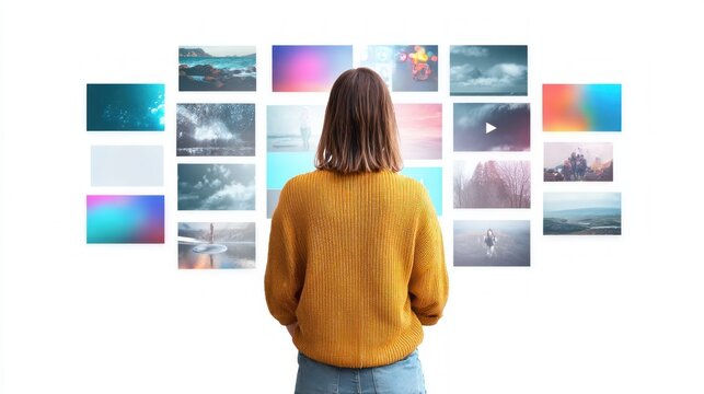 A woman, seen from behind, looks at a collection of images arranged as a grid. The images display different scenes and artistic effects.